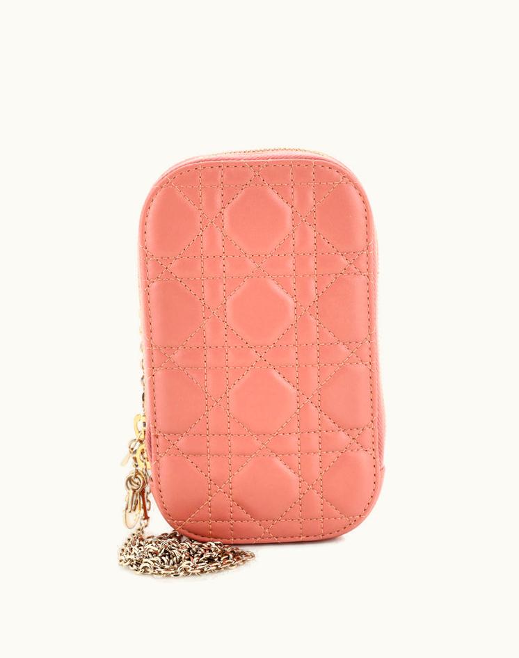 Dior Dior Lady Dior Phone Holder On Chain Cannage Quilt Lambskin Pink