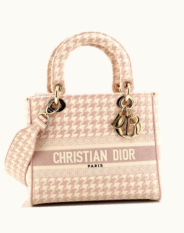 Dior Christian Dior Lady D-Lite Bag Houndstooth Canvas Medium Neutral/Pink Gold Tone
