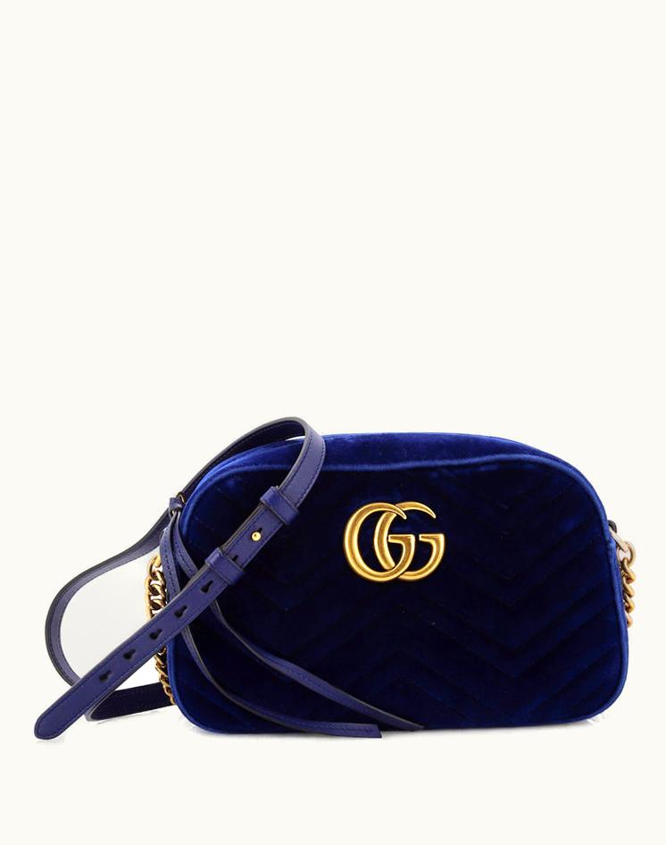 Gucci Gucci GG Marmont Shoulder Bag Matelasse Velvet Small Blue Aged Gold