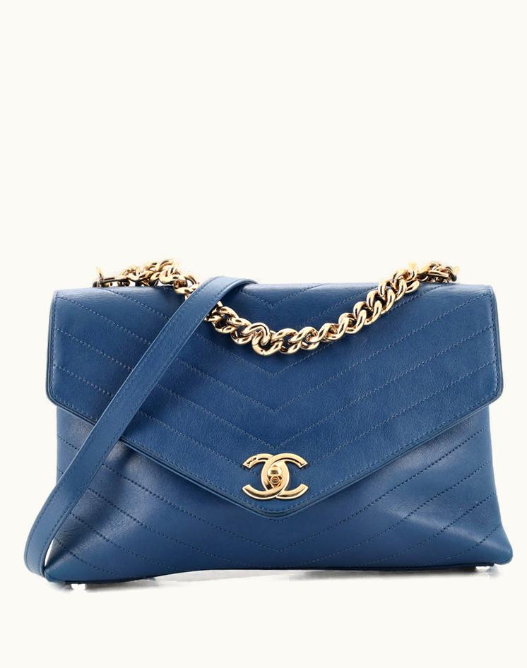 Chanel Chanel Coco Chevron Flap Bag Stitched Calfskin Medium in Blue