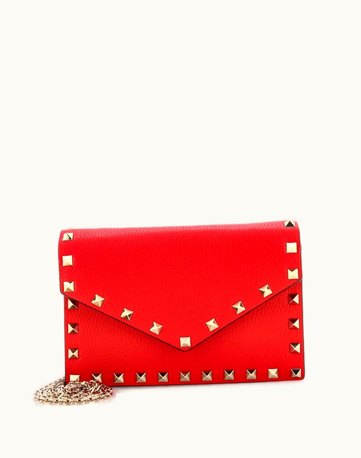 Valentino Valentino Rockstud Envelope Chain Crossbody Bag Leather Small Red Gold