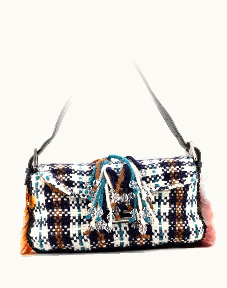 Fendi Fendi Baguette NM Bag Tweed With Fringe Crystals And Sequins Medium