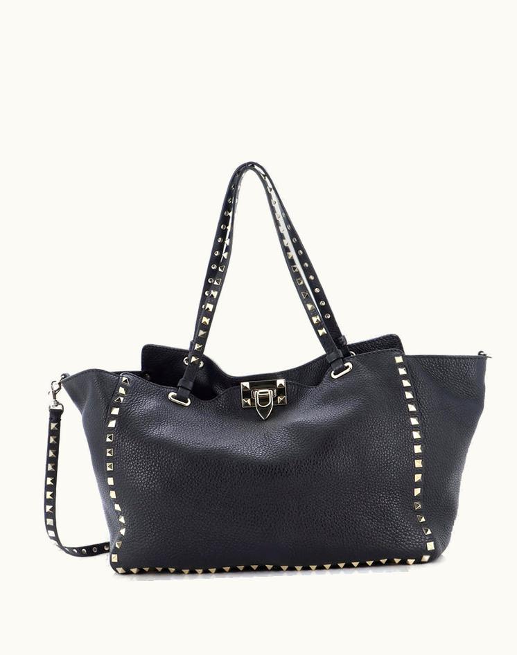 Valentino Valentino Rockstud Tote Pebbled Leather Medium Black Gold