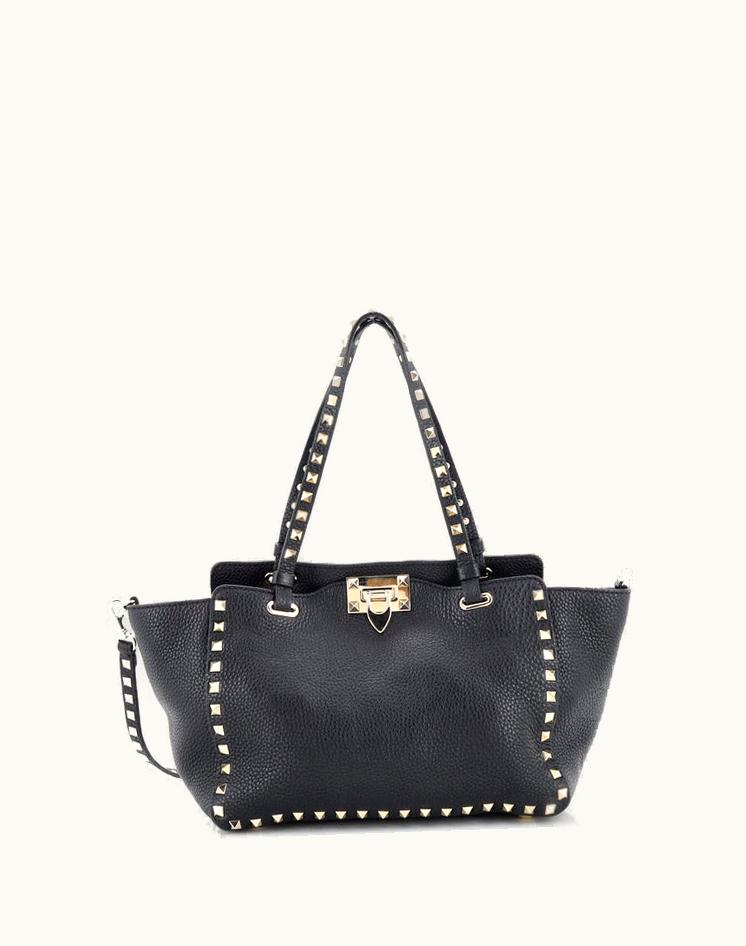 Valentino Valentino Rockstud Tote Pebbled Leather Small Black