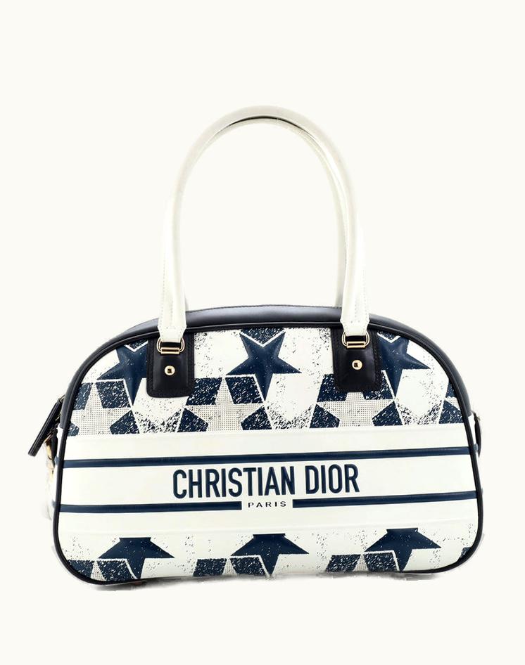 Dior Dior Vibe Zip Bowling Bag Printed Star Embossed Leather Medium Blue White