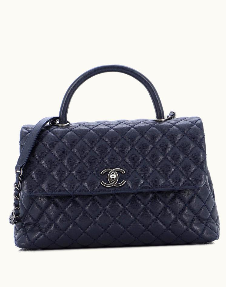 Chanel Chanel Coco Top Handle Bag Quilted Caviar Medium Blue Aged Silver