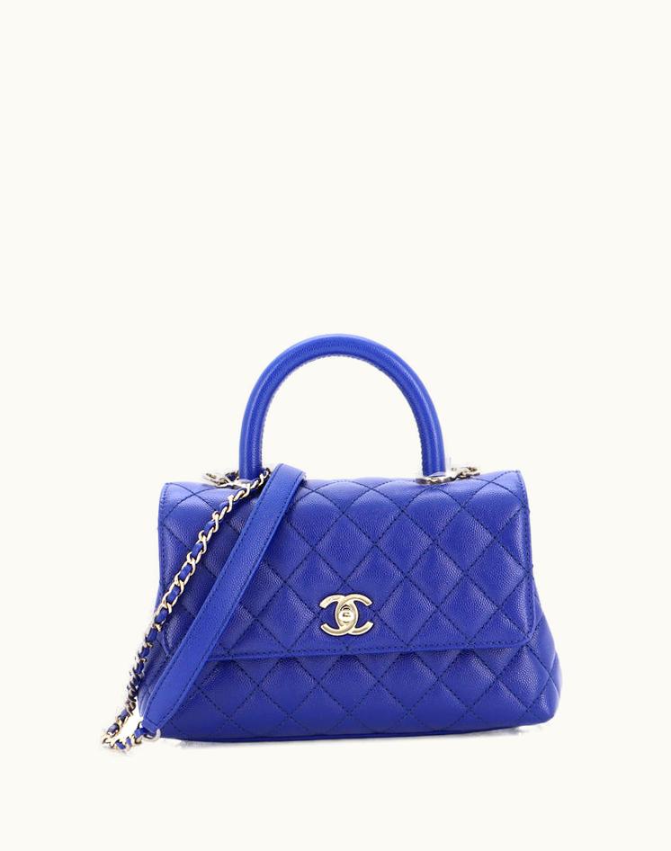 Chanel Chanel Coco Top Handle Bag Quilted Caviar Mini Leather Blue Gold Tone