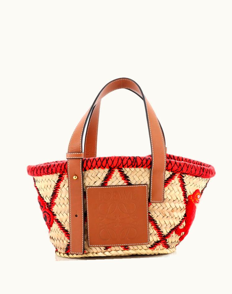 Loewe Loewe Basket Tote Embroidered Raffia Small in Neutral/Red-Gold