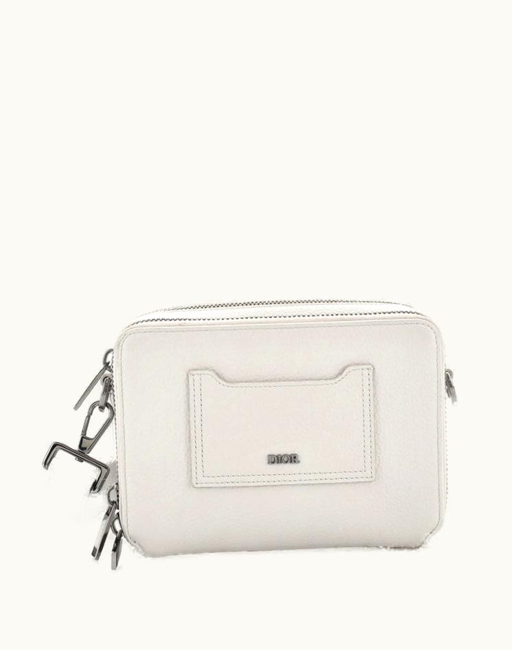 Dior Christian Dior Double Zip Crossbody Pouch Leather Gray Gun Metal