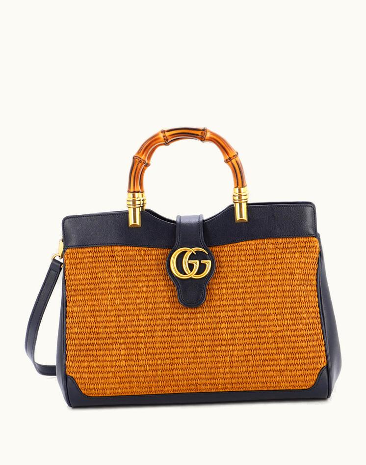 Gucci Gucci Dahlia Bamboo Top Handle Tote Straw And Leather Medium