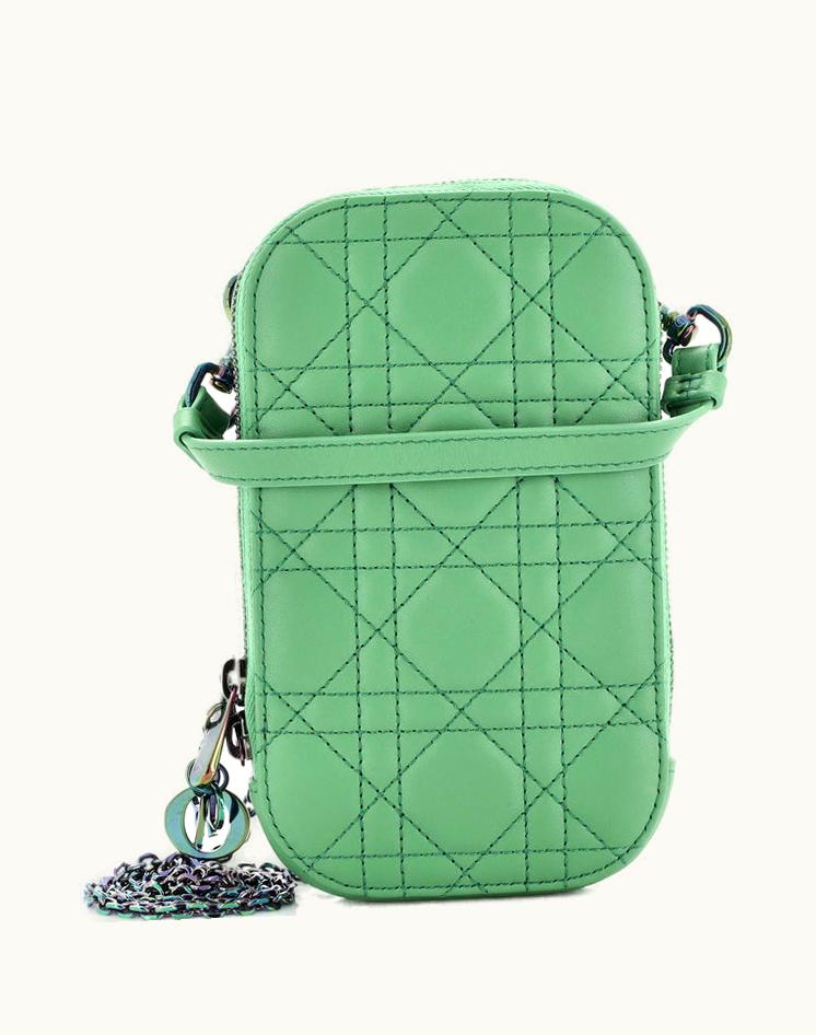 Dior Dior Lady Dior Phone Holder On Chain Cannage Quilt Lambskin Green Rainbow