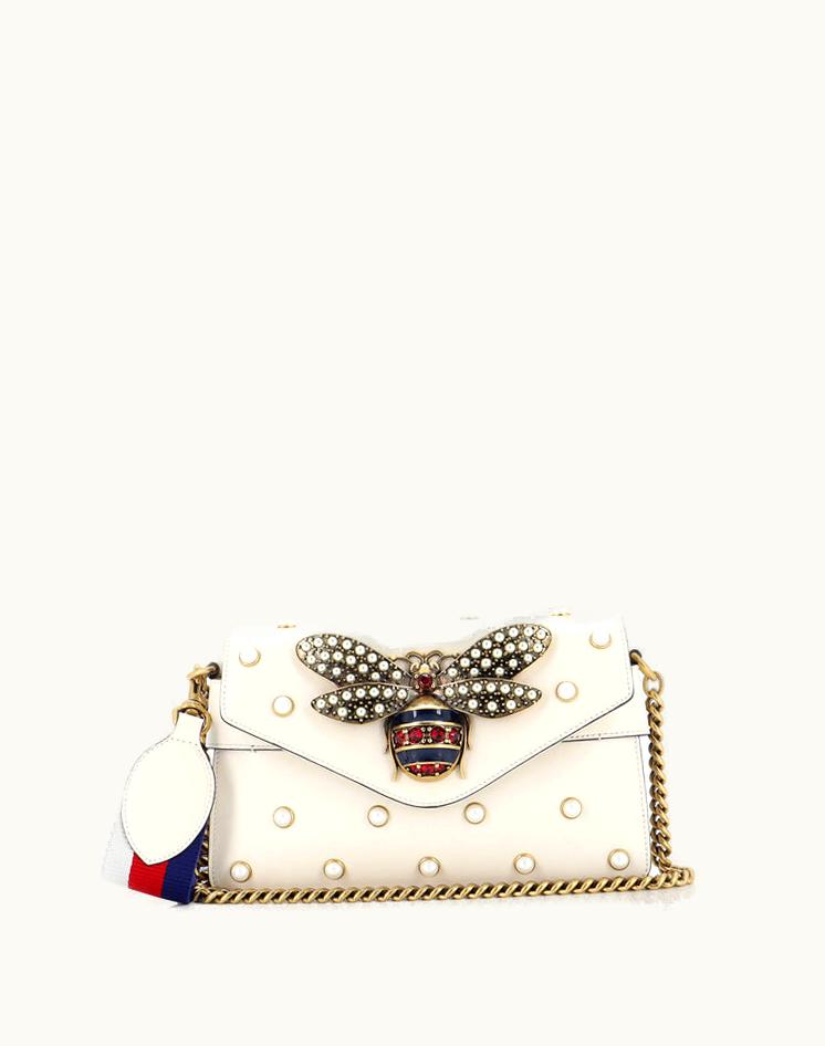 Gucci Gucci Broadway Pearly Bee Shoulder Bag Embellished Leather Mini White