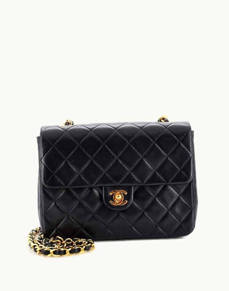 Chanel Chanel Vintage Square Classic Flap Bag Quilted Lambskin Small Fair Condition Black Gold