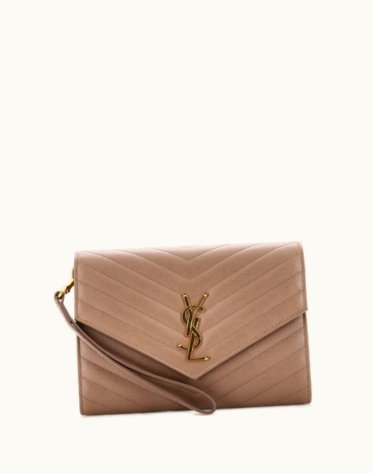 Saint Laurent Saint Laurent Classic Monogram Envelope Wristlet Clutch Matelasse Chevron Leather Black and Gold
