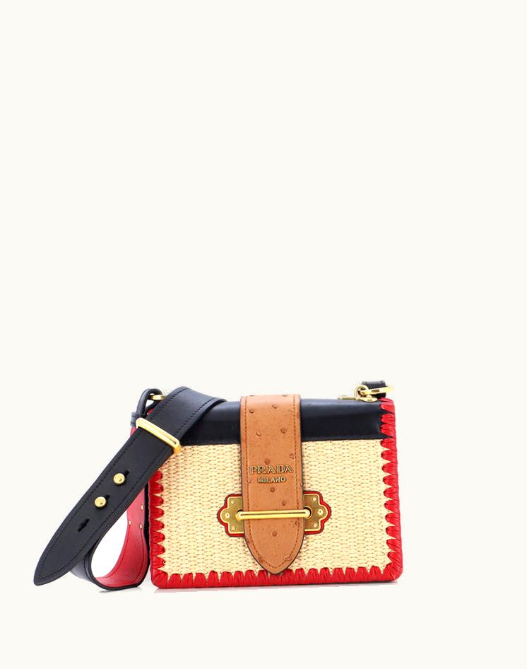 Prada Prada Cahier Crossbody Bag Straw And Leather With Ostrich Small