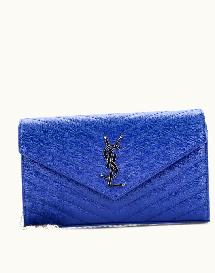 Saint Laurent Saint Laurent Classic Monogram Wallet On Chain Matelasse Chevron Leather Medium Blue