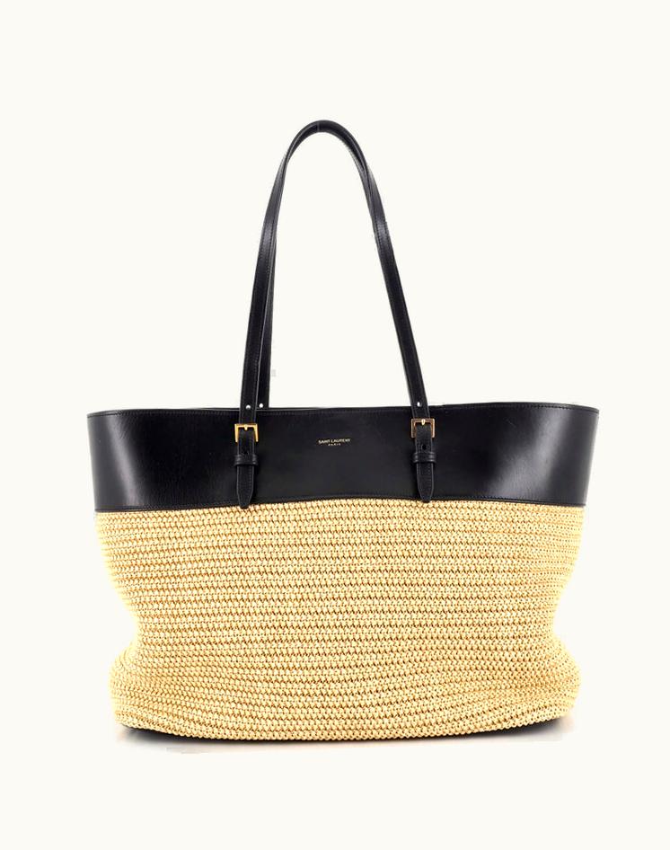 Saint Laurent Saint Laurent Boucle E/W Shopping Tote Raffia With Leather Medium Black & Neutral