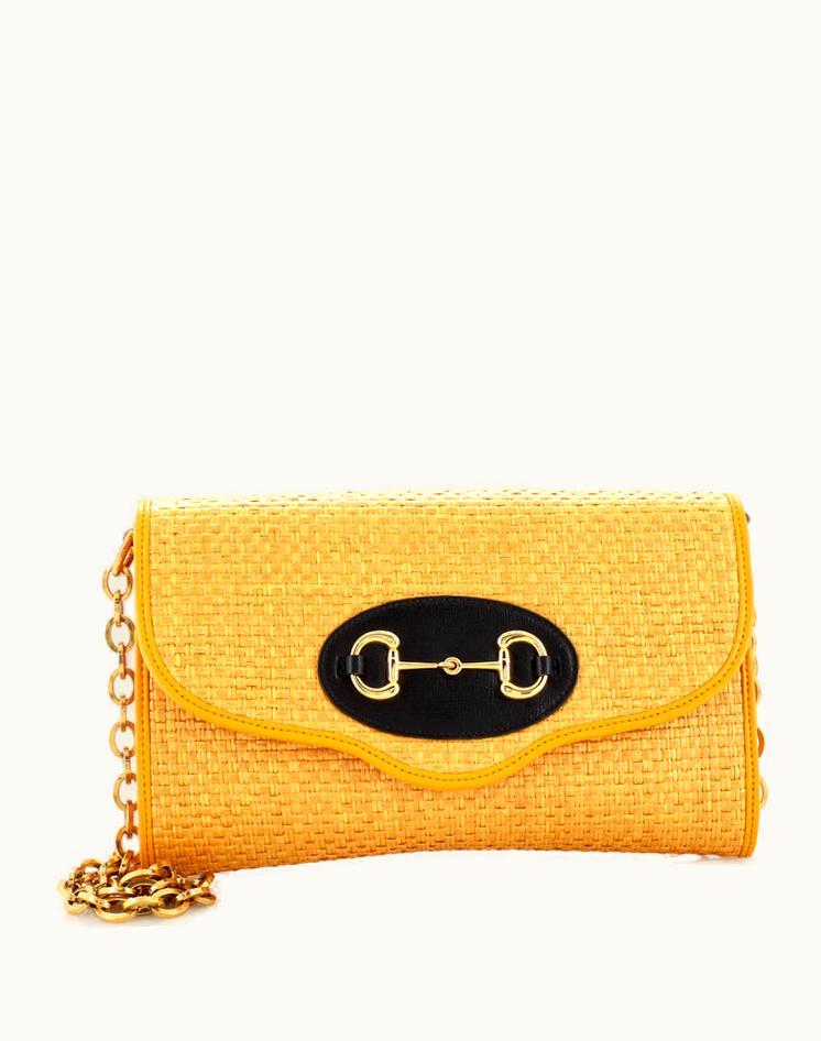 Gucci Gucci 1955 Horsebit Curved Flap Shoulder Bag Raffia Small Yellow