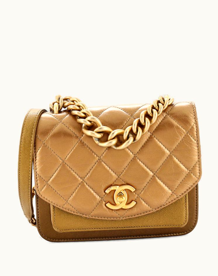 Chanel Chanel Chain Handle Flap Bag Quilted Calfskin With Caviar Mini Gold & BlackLuxury Bag