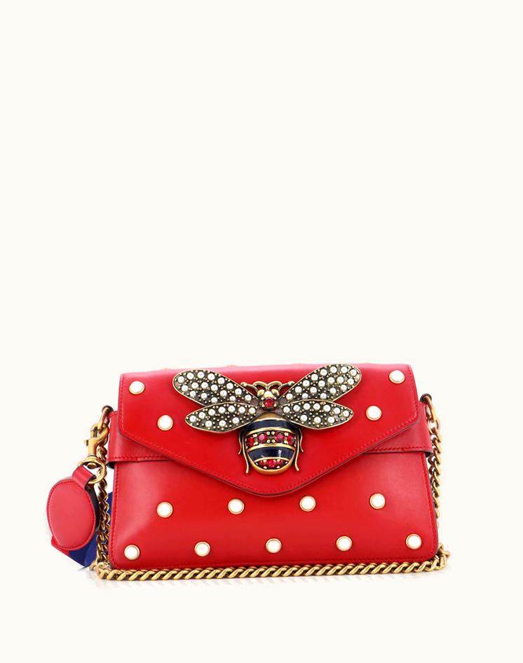 Gucci Gucci Broadway Pearly Bee Shoulder Bag Embellished Leather Mini Red