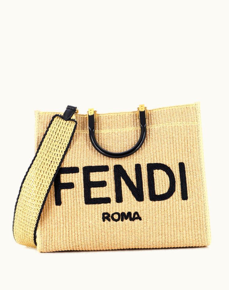 Fendi Fendi Sunshine Shopper Tote Woven Raffia Medium Neutral Gold