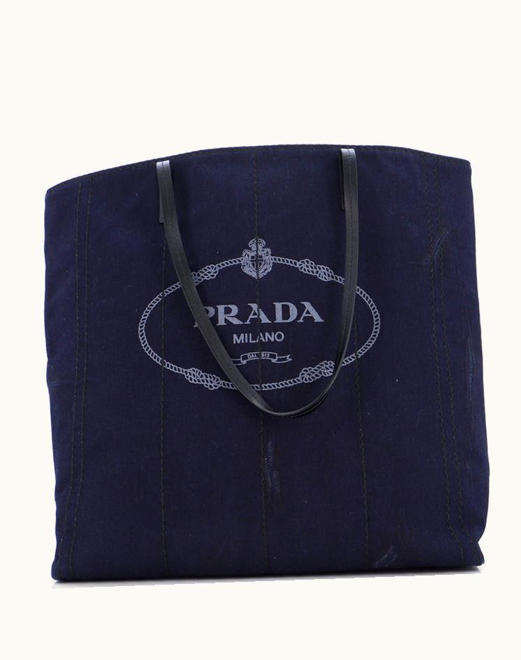 Prada Prada Logo Shopping Tote Denim And Linen Blend