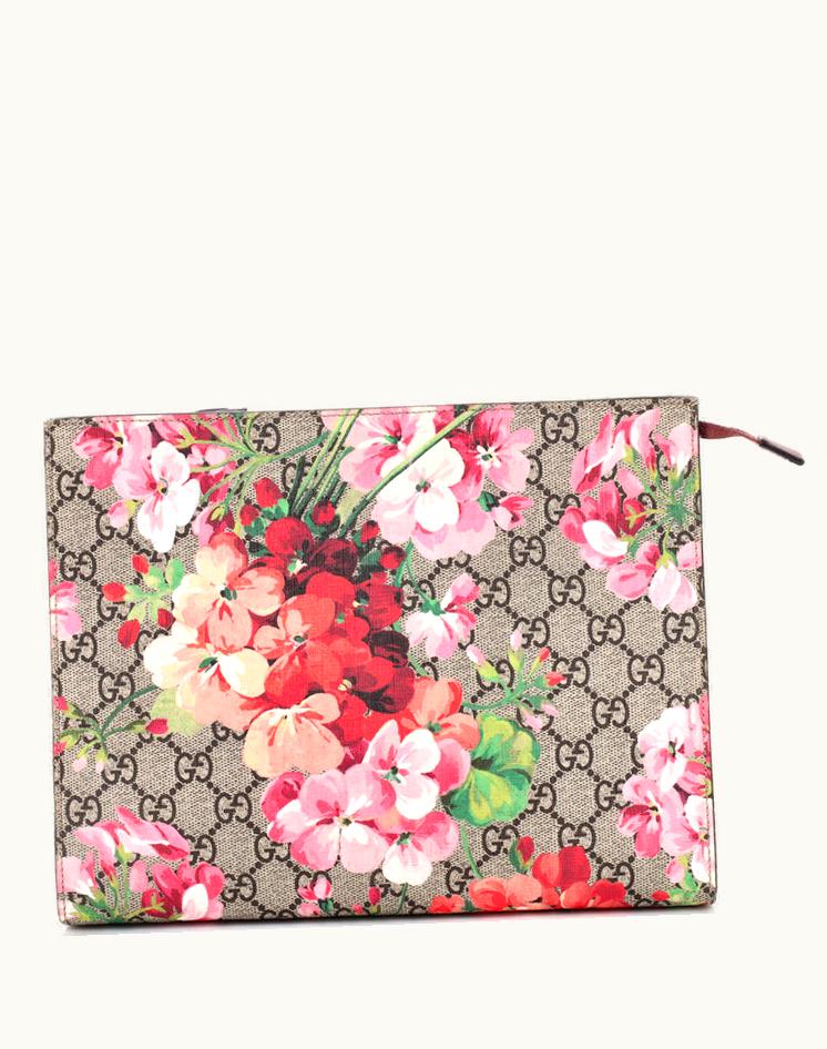 Gucci Gucci Toiletry Pouch Blooms Print GG Coated Canvas Large Brown Pink Print