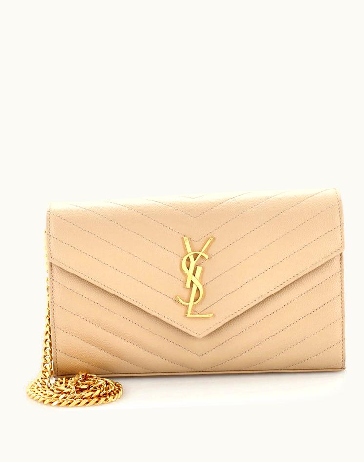 Saint Laurent Saint Laurent Deconstructed Monogram Chain Wallet Matelasse Chevron Leather Medium Neutral & Black