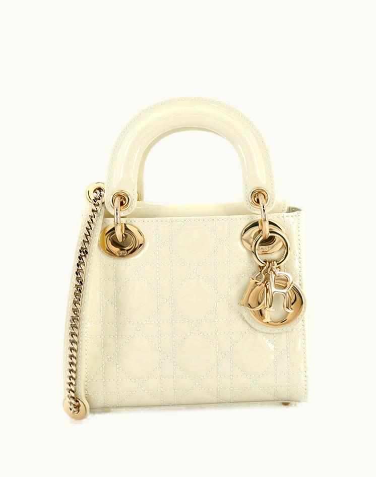 Dior Dior Lady Dior Chain Bag Cannage Quilt Patent Mini Neutral Patent Gold