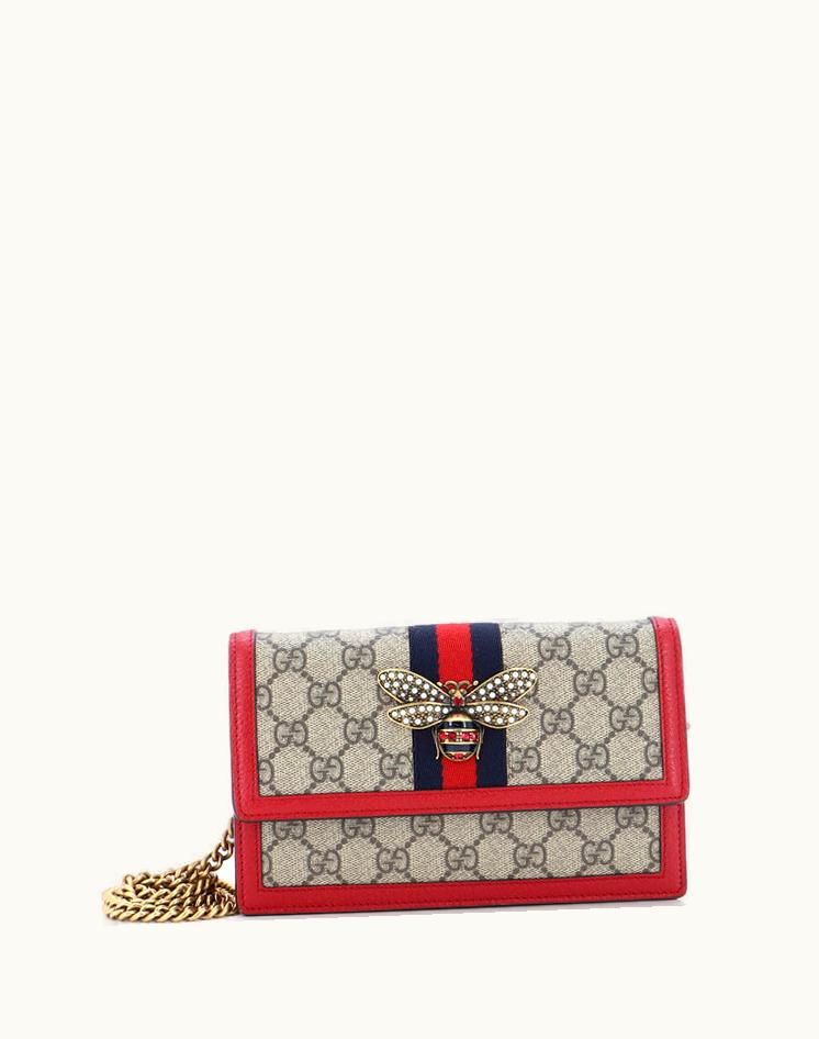 Gucci Gucci Queen Margaret Chain Wallet GG Coated Canvas Mini Aged Gold Brown Red