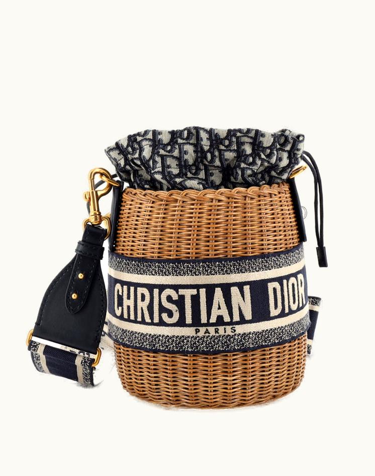 Dior Dior Drawstring Bucket Bag Wicker With Oblique Canvas Neutral Aged Gold