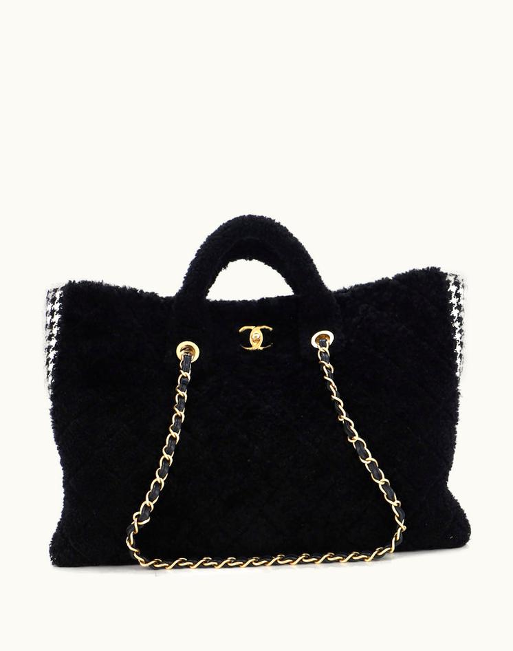 Chanel Chanel CC Chain Shopping Tote Quilted Shearling With Tweed Large