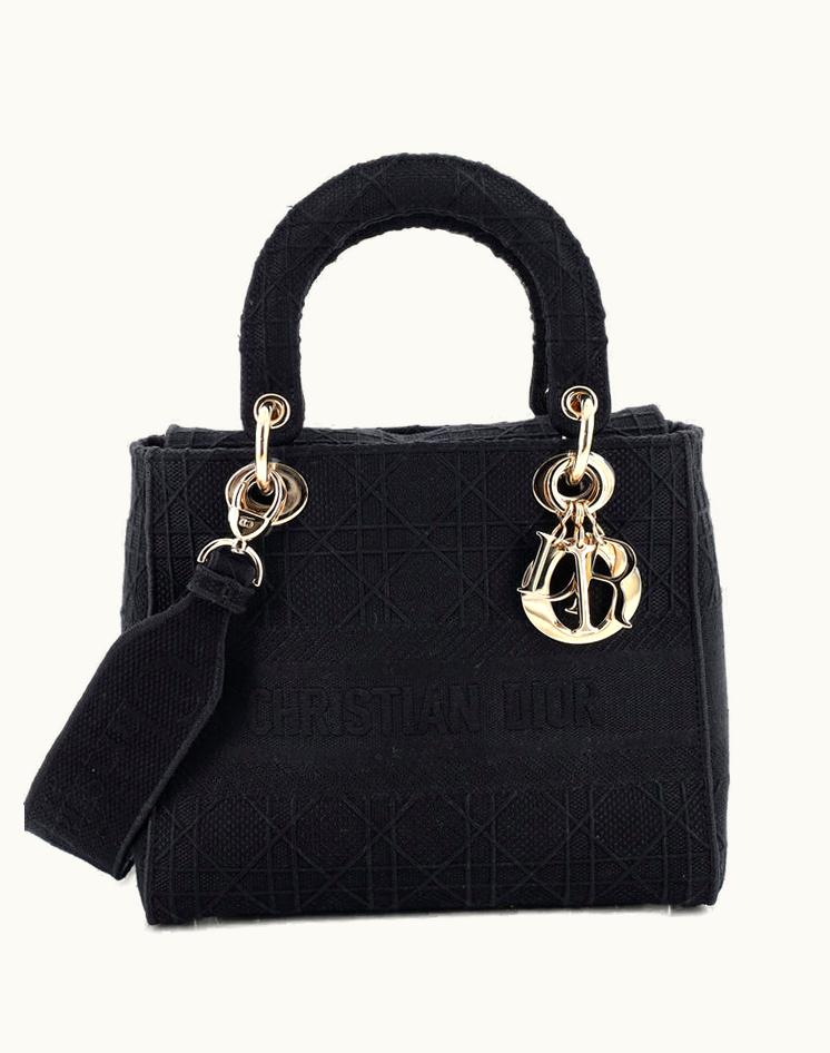 Dior Christian Dior Lady D-Lite Bag Cannage Embroidered Canvas Medium Black Gold