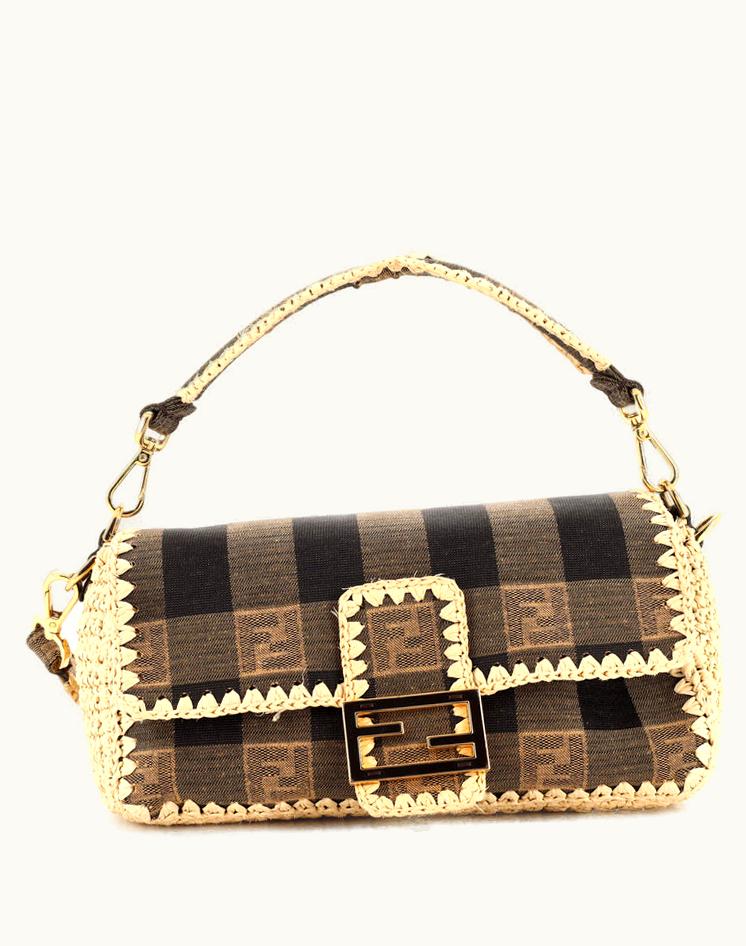 Fendi Fendi Baguette NM Bag Pequin Canvas With Raffia Medium Brown/Gold