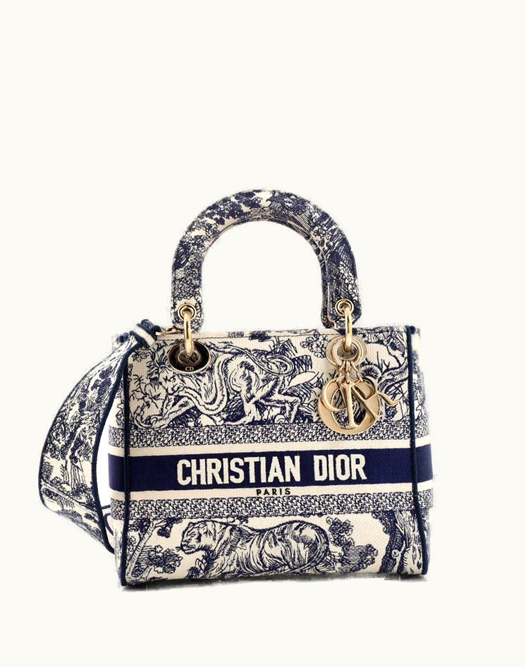 Dior Christian Dior Lady D-Lite Bag Toile De Jouy Embroidered Canvas Blue Gold