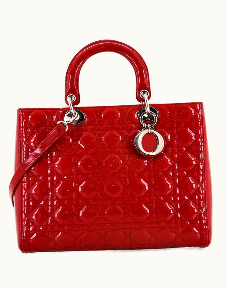 Dior Dior Lady Dior Bag Cannage Quilt Patent Large - Red