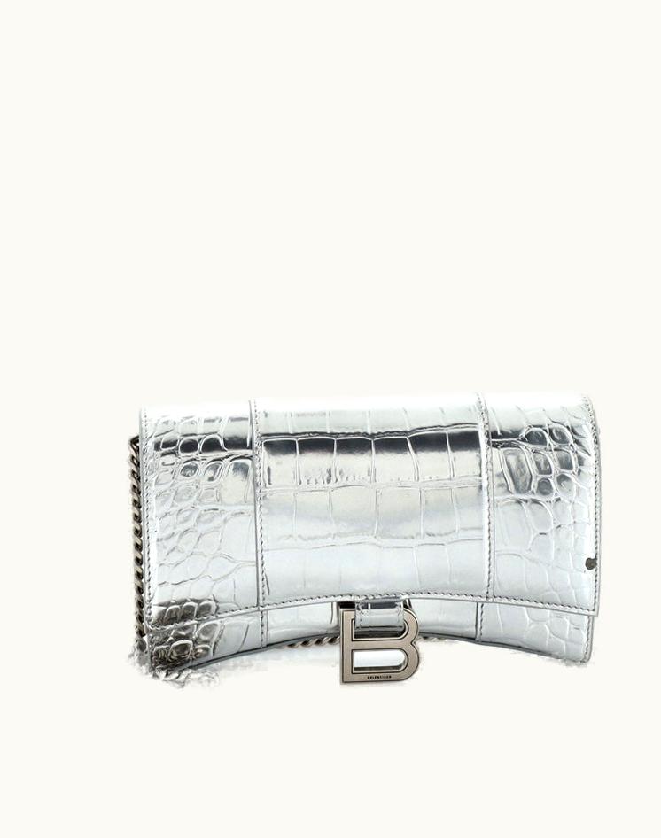 Balenciaga Balenciaga Hourglass Chain Wallet Crocodile Embossed Leather Silver Aged Silver