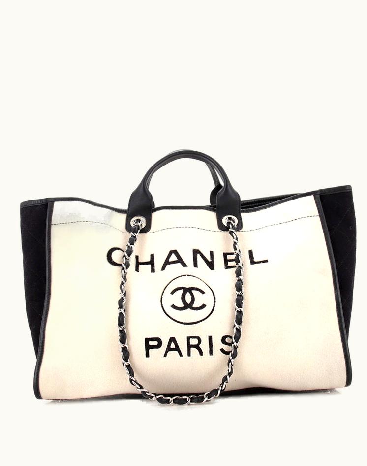 Chanel Chanel Deauville Tote Wool Felt Large Black & Neutral Silver