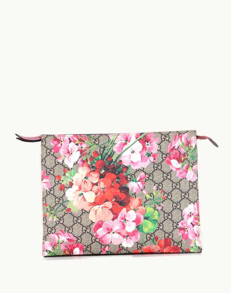 Gucci Gucci Toiletry Pouch Blooms Print GG Coated Canvas Large Pink Silver