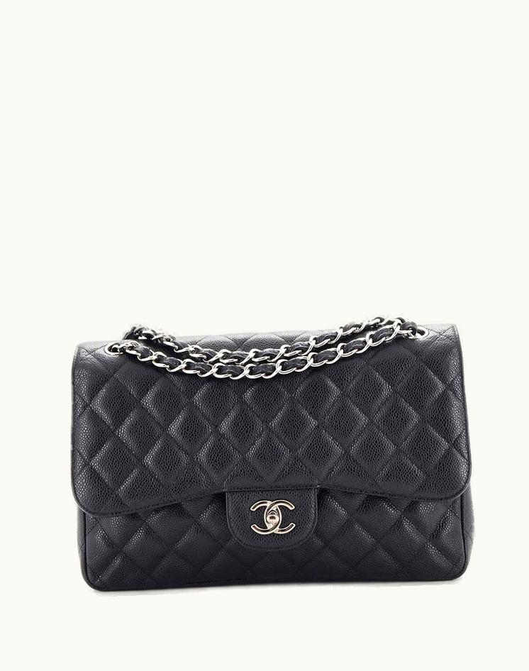 Chanel Chanel Classic Double Flap Bag Quilted Caviar Jumbo Leather Black & Red Silver
