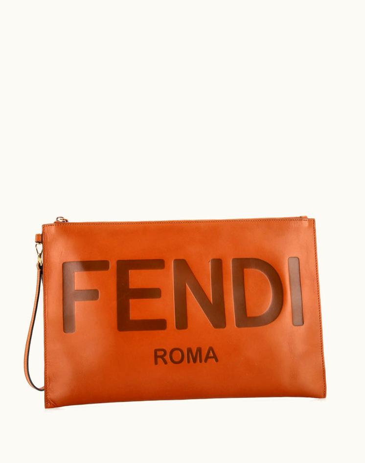 Fendi Fendi Logo Flat Wristlet Pouch Embossed Leather Large