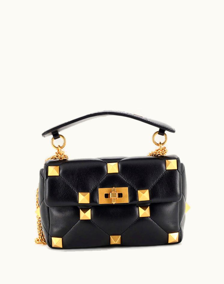 Valentino Valentino Roman Stud Flap Bag Quilted Leather Medium Black Gold