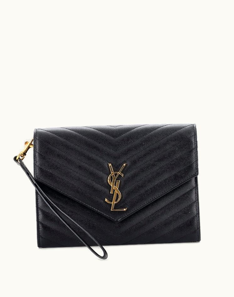 Saint Laurent Saint Laurent Classic Monogram Envelope Wristlet Clutch Matelasse Chevron Leather Black