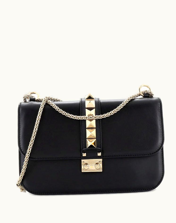 Valentino Valentino Garavani Glam Lock Shoulder Bag Leather Medium Black Gold Tone