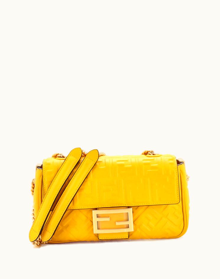 Fendi Fendi Midi Baguette Chain Bag Zucca Embossed Leather Medium Yellow Gold