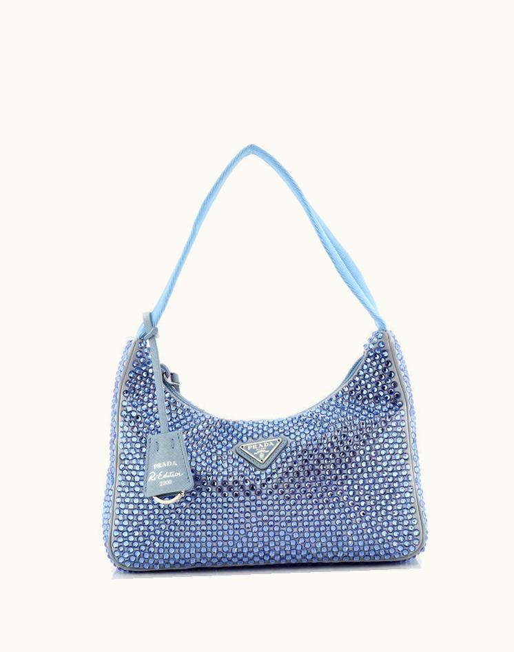 Prada Prada Re-Edition 2000 Hobo Crystal Embellished Satin Mini Blue Silver