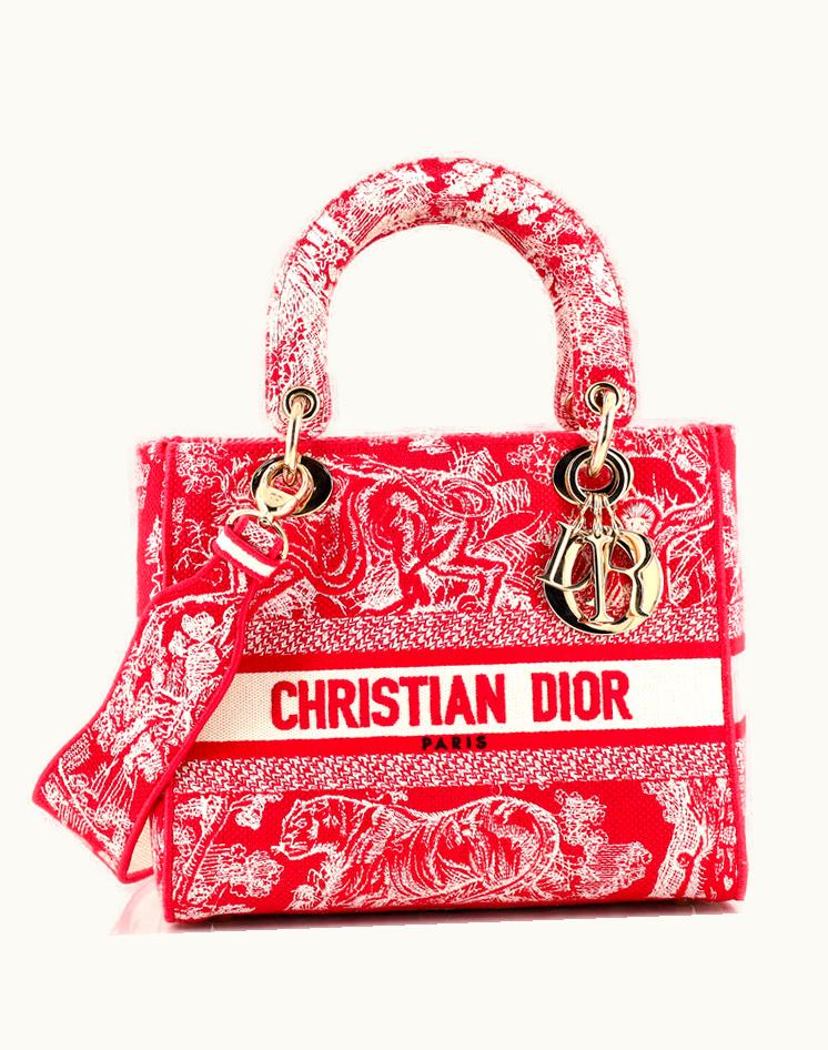 Dior Dior Lady D-Lite Bag Embroidered Canvas Medium Red Gold