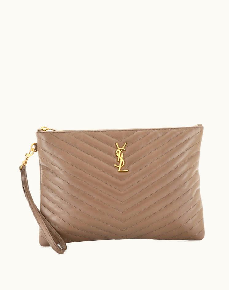 Saint Laurent Saint Laurent Classic Monogram Wristlet Pouch Matelasse Chevron Leather Medium in Neutral Beige
