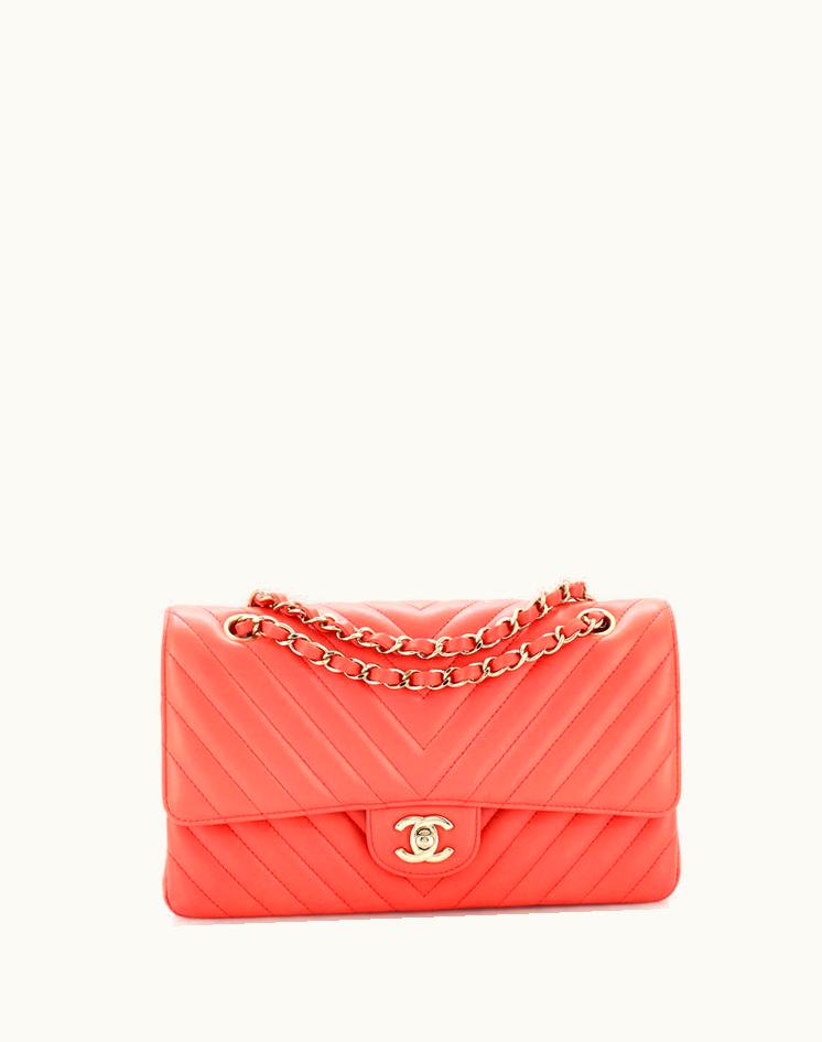 Chanel Chanel Classic Double Flap Bag Chevron Lambskin Medium Pink Leather Gold Tone