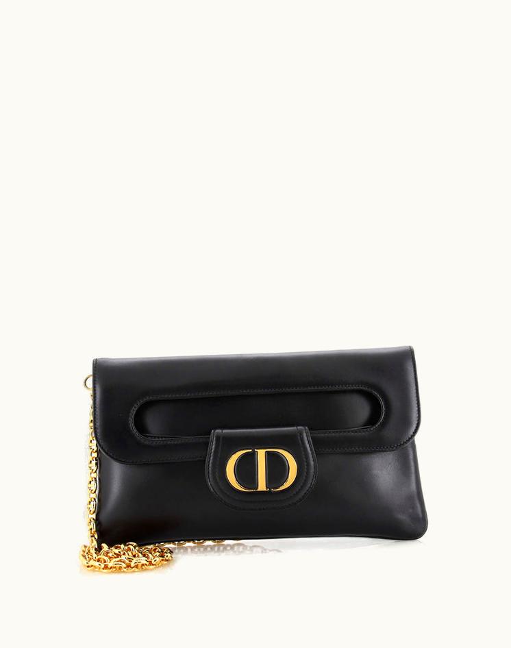 Dior Christian Dior Double Chain Bag Leather Medium Black Gold